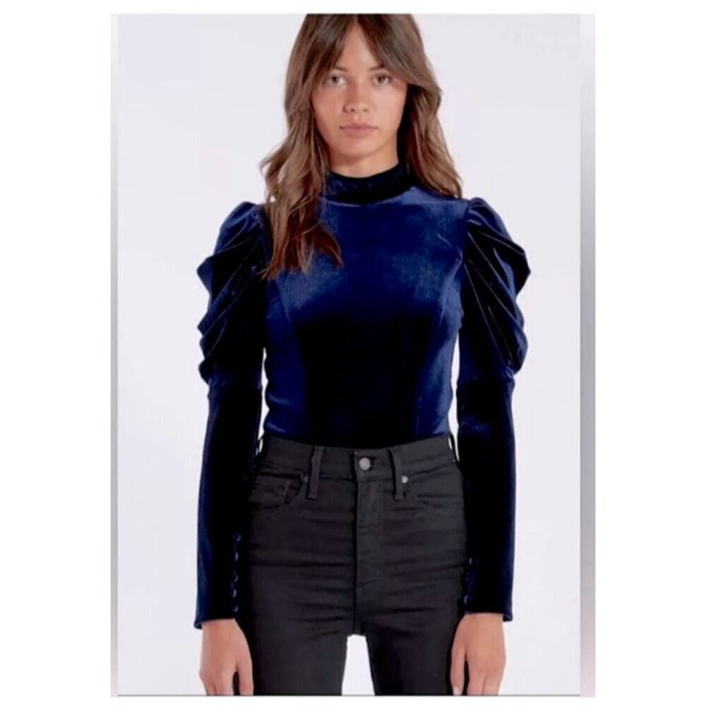 NWT Misa Los Angeles Velvet Midnight Blue Velvet Puff Sleeve Bodysuit Size XS
